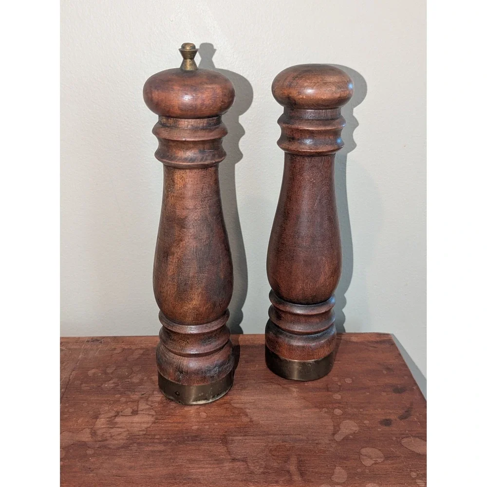 Vintage Wood Salt and Pepper Mill Set Brass Accents Made in Japan Mid Century